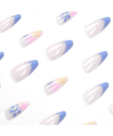 JUSTOTRY 24 Pcs Almond Fake Nails Short: Light Blue & Flower Design French False Nails for Women - Buy Online on GoSupps.com