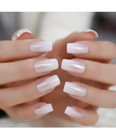 EchiQ Pearl Shine Glossy Fake Nails - Shimmer White Square French Ombre Gradient Faux Ongles Medium Fingernails - Buy Online on GoSupps.com