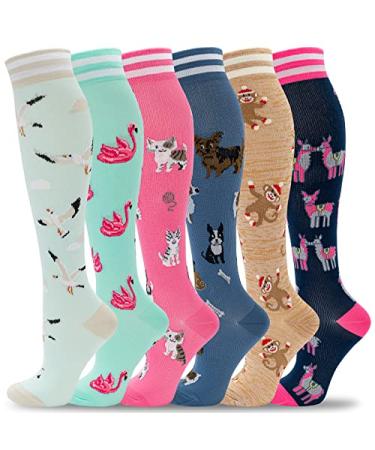 fenglaoda Compression Socks for Women Circulation 20-30mmHg Crazy, Cute, Socks Support for Nurse, Pregnant, Running, Medical D-6pairs-seagull/Flamingo/Cat/Dog/Monkey/Llama Large-X-Large