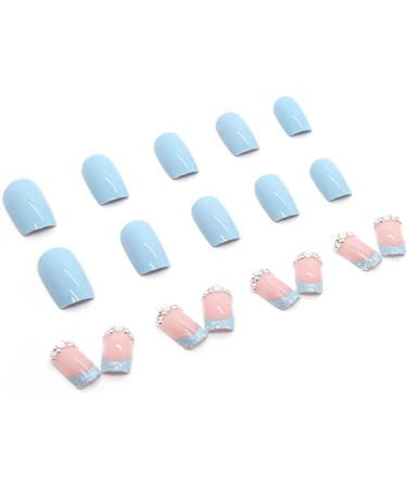 24pcs French False Nails Short - Almond Square Press on Nails - Blue Full Cover Acrylic Nails with Glue for Women and Girls - Buy Online on GoSupps.com