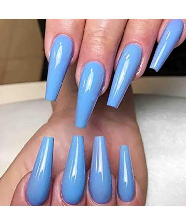 Brishow Coffin False Nails Long Fake Nails Pure Color Ballerina Stick on Nails Full Cover Acrylic Press on Nails for Women and Girls (Blue)