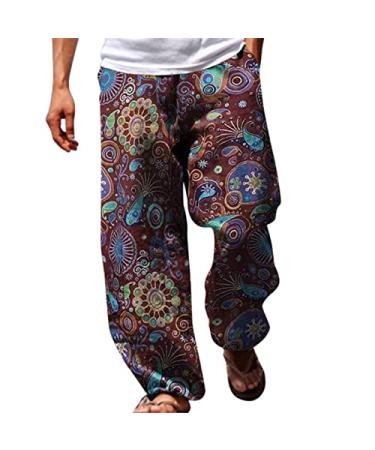 Men's Linen Pants Casual Long Pants - Loose Lightweight Drawstring Yoga Beach Trousers Summer Print Trousers A-01-2-wine Large
