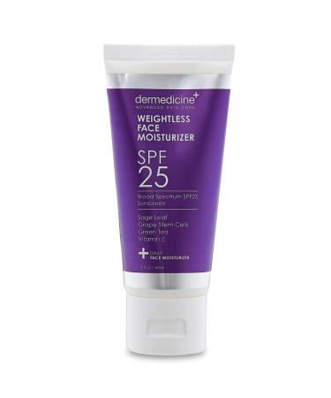 Weightless Daily Face Moisturizer Zinc Oxide Sunscreen with Broad Spectrum SPF 25 | Physical Mineral UVA/UVB Sunscreen | w/Sage Leave Grape Stem Cells Green Tea Vitamin E | NET WT 2 oz / 60 g