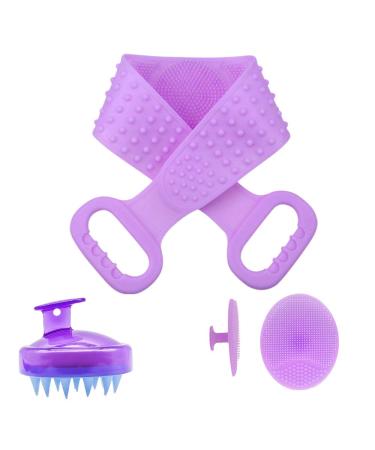 Silicone Body Kit- back and body scrubber - double sided - ergonomic handle - with hair scalp shampooing massager and facial cleansing- make-up remover pad. (purple)