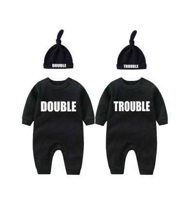 culbutomind Baby Twins Bodysuits Double Trouble Newborn Unisex Baby Romper Cute Outfit With Hat Black BT 3-6 Months