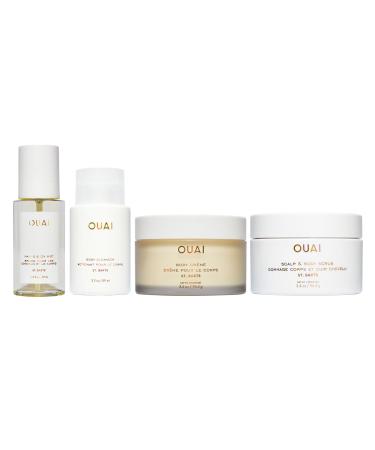 OUAI St. Barts Travel Bundle - Includes Travel Size Scalp & Body Scrub Foaming Shower Gel Hydrating Cream and Hair & Body Mist (4 Count 3.4 Oz/3.4 Oz/3 Oz/3.3 Oz)