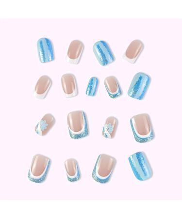 French Tip Press on Nails - Short Square Press On Nails with Nail Tips White edged Sparkling Blue and Light Blue Flowers press on nails Acrylic False Nails Cute Artificial Nails - Buy Online on GoSupps.com