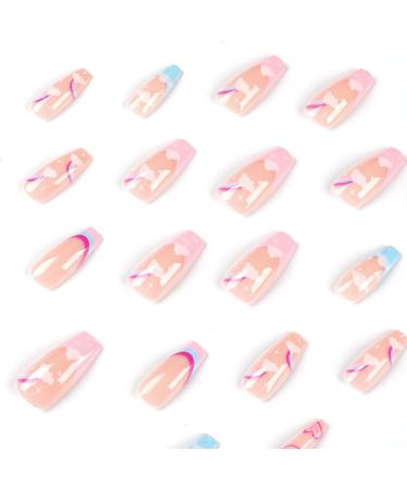 Justotry 24 pcs Cloud Fake Nails Long | Heart Rainbow French Press on Nails | Nude Ballerina Medium Stick on Nails for Women | Acrylic Coffin False Nails with Glue - Nail Art - Buy Online on GoSupps.com