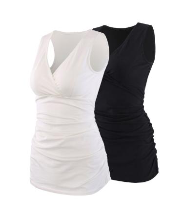 MANCI Women's Nursing Maternity Top Cotton V Neck Ruched Waist Maternity Pajama Tops M White+black