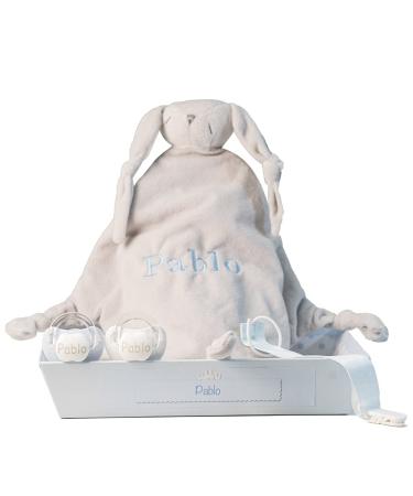 Birth gift with two personalizable pacifiers a personalizable Doudou with the name of the baby and a pacifier clip.(0/6 Monten)