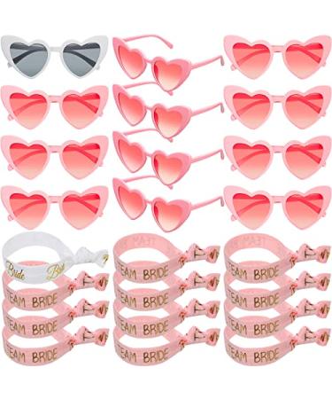 Konohan 24 Bachelorette Party Supplies 12 Bachelorette Sunglasses and 12 Bridesmaid Hair Ties Heart Shaped Sunglass Wedding Hair Ties (Pink  White)