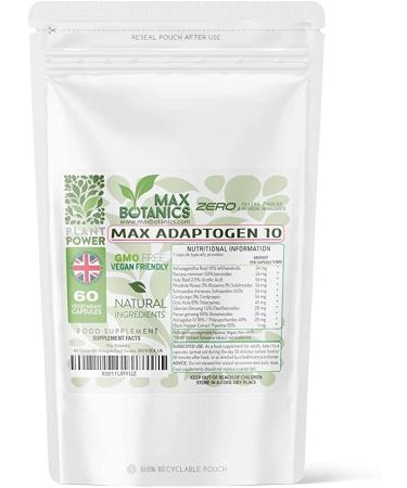 Max Adaptogen 10 | Ayurvedic Herbs | Ashwagandha Bacopa Holy Basil RhodioIa Rosea Schisandra Cordyceps Gotu Kola Siberian & Panax Ginseng Astragalus (60 Capsule Pouch) 60 Count (Pack of 1)