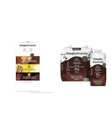Simply Protein Best Sellers Variety Pack Protein Bars (15 Count) + Ready-To-Drink Chocolate Plant Protein Shake (Pack of 4)