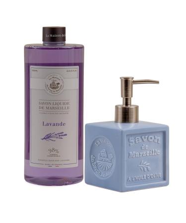Maison Du Savon De Marseille liquid soap lavender with ceramic soap dispenser refill pack of 1 liter and dispenser 300 ml blue dispenser