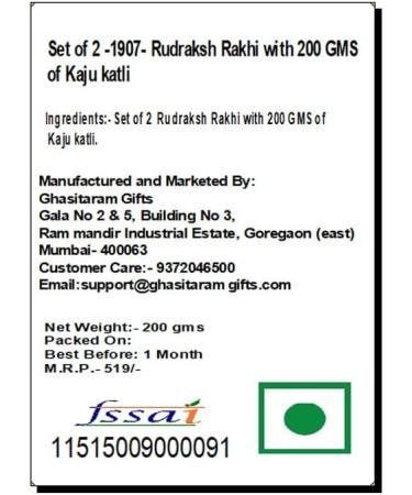 Ghasitaram Gifts Rakhi for Brother Rakhis Online - Set of 2-1907- Rudraksh Rakhi with 200 GMS of Kaju katli - Buy Online on GoSupps.com
