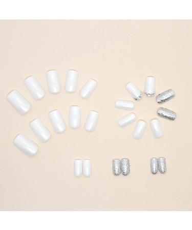 Square Press on Nails White Silver Glitter Design with Rhinestones - 24Pcs Medium Length Full Cover Stick on Artificial Nails for Women Girls - Buy Online on GoSupps.com