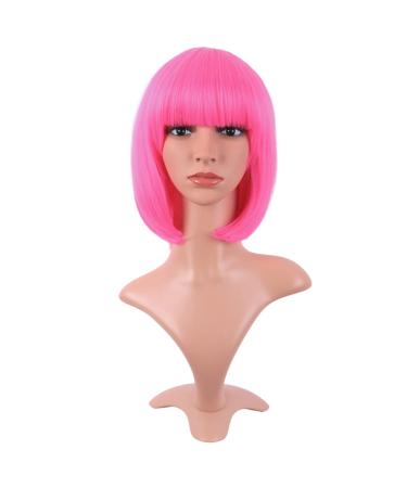 MapofBeauty 12 Inch /30 cm Fashion Lady Short Straight Synthetic Flat Bangs Bob Wig (Neon Pink)