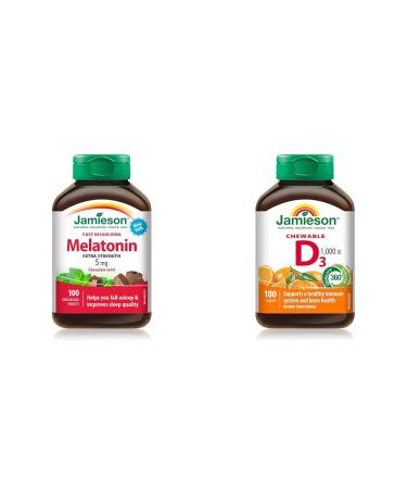 Jamieson Melatonin 5 mg Extra Strength - Chocolate Mint Flavour Fast Dissolving Tablets 100 Count (Pack of 1) & Chewable Vitamin D3 1 000 IU - Natural Tangy Orange 100 Count (Pack of 1)
