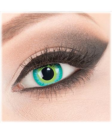 Colored green crazy fun contact lenses 1 pair 'Green Elf' with container - Top quality from 'Evil Lens' to Fasching Carnival Halloween without strength