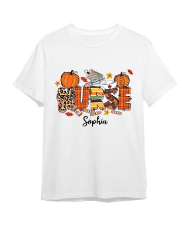 Personalized Shirt for Nurse Mom from Patient Coworker Family Funny Nurse Gifts Nurse Fall Autumn Pattern Pumpkins Nurse Tools Custom Name Short Sleeve Top Tee T-Shirt On Nurse's Day