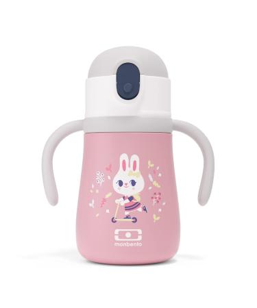 MONBENTO - Kids Insulated Water Bottle MB Stram Bunny - 12 Oz - Leakproof Water Bottle with Straw - Strap & Handles - Hot/Cold Up to 12 Hours - for Kids School/Park - BPA Free - Food Grade Safe - Pink Pink Bunny