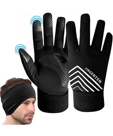 FINGER TEN Winter Gloves Men Women Running Cycling Warm Touch Screen with Free Earband Pack Black Large