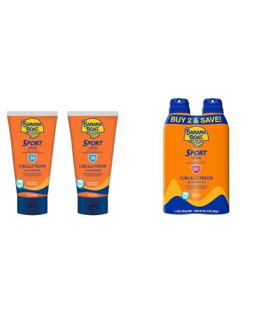 Banana Boat Sport Ultra Sunscreen Lotion SPF 30 Travel Size 3oz Twin Pack and Sport Ultra SPF 50 Sunscreen Spray Twin Pack