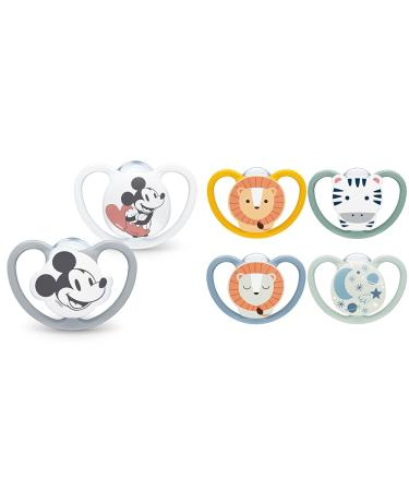 Nuk Space Schnuller |6-18 months |Pacifier with extra ventilation |BPA-free silicone |Disney Mickey Mouse |Gray and white |2 pieces & Space Day & Night Baby Casing |18-36 months