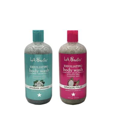 LA Bodies Exfoliating Body Wash with Jojoba Beads Aloe Vera and Vitamin A E - Paraben & Sulfate Free - Arabian Jasmine Dragon Fruit - 16 oz 2 Pack