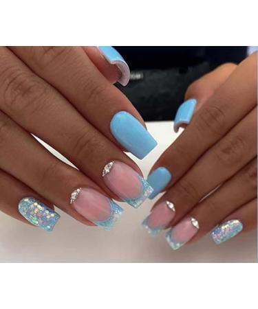 JUSTOTRY 24 Pcs Glitter Square False Nails Short Sky Blue French Press on Nails Pattern Diamante Fake Nails Short with Nail Glue Stick on Nails for Women Nails Fake Nail for Nails Art blue square 1