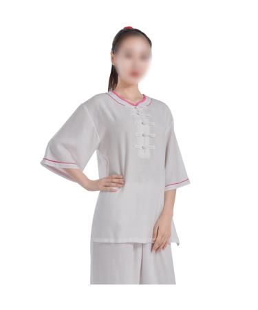 Womens Short Sleeve Tai Chi Uniform Chinese Traditional Kung Fu Clothing Cotton Linen Yoga Suit White-L Large White