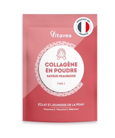 Collagen Powder Raspberry Flavor - 6800mg per day - Hydrolyzed Peptides Types 1 - 2000 Da - Radiance & Youthful Skin - Highly Bioavailable - Made in France - Vitavea