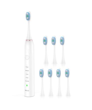 POTICO Sonic Electric Toothbrush for Adult 8 Brush Heads Smart Timer 5 Modes IPX7 Waterproof Power Rechargeable Toothbrush 1 Charge for 90 Days Use (White)