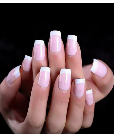 Sethexy medium French false fingernails nude pink complete cover acrylic you press false nail tips to women and girls