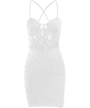 Shop Beaded Lace Strap Camisole Hip Skirt Dress - Spring Knitted Sexy Back Dance Dress for Teenagers - White S - Buy Online on GoSupps.com