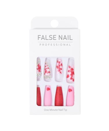 Brishow Red Press-On Nails with Heart Rhinestones | 24 Ballerina Acrylic Fake Nails for Women & Girls - International Shipping - Buy Online on GoSupps.com
