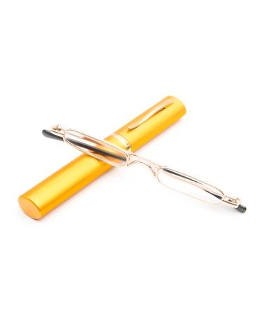 KoKoBin Mini Slim Reading Glasses Spring Hinge Metal Reading Aid Unisex Visual Aid with Case (Gold +2.5) Gold +2.50