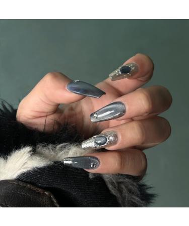 Y2K False Nail Kit Silver Gray Press On Nails Almond Handmade Jelly Gel Fake Nail -3D Sliver Glitter Flash Technology Sense Cat Eye Glitter Almond Glue On Nail Stiletto Acrylic Short Oval Stick On False Nail for Women (XS Small Nail Bed 20mm) - Buy Online on GoSupps.com