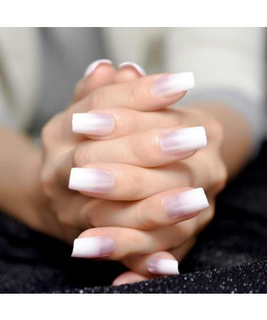 EchiQ Pearl Shine Glossy Fake Nails - Shimmer White Square French Ombre Gradient Faux Ongles Medium Fingernails - Buy Online on GoSupps.com