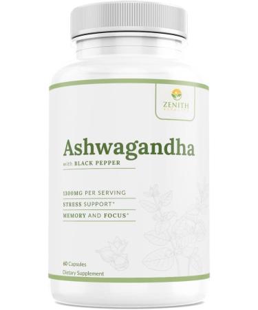 Zenith Vitality Ashwagandha 1300mg Capsules Stress Relief & Cortisol Support Immune & Energy Boost Mental Clarity Herbal Adaptogen Supplement 60 Count