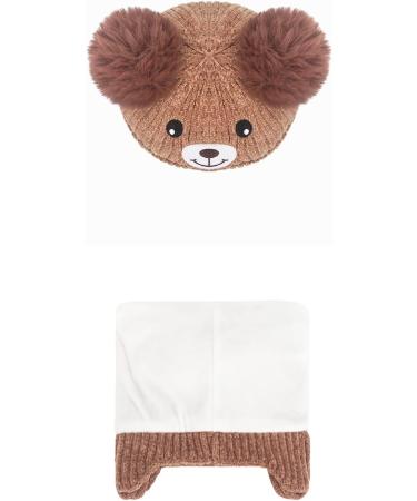 Cute Bear Kids Winter Hat | Ear Flaps, Dual Pom-Pom | Toddler Fleece Lined Earflap Cap - Khaki - Buy Online on GoSupps.com