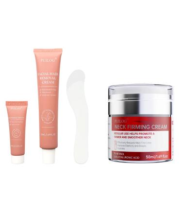 Facial Hair Removal Kit & Neck Firming Cream Set - 4 Minute Painless Depilatory with Soothing Balm + Retinol Cream for Face Neck & D collet - Plant-Based Formula with Hyaluronic Acid & Collagen