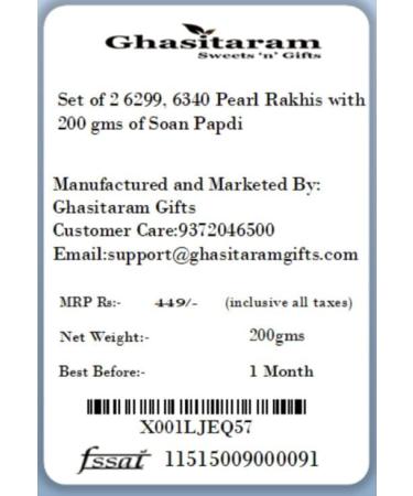 Ghasitaram Gifts Rakhi for Brother Rakhis Online - Set of 2 6299 6340 Pearl Rakhis with 200 GMS of Soan Papdi - Buy Online on GoSupps.com