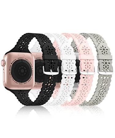 Bandiction 4 Pack Lace Silicone Bands Compatible with Apple Watch Band 38mm 40mm 41mm 42mm 44mm 45mm 49mm Women Slim Thin Hollow-out Sport Wristband for iWatch Series Ultra 8 SE 7 6 5 4 3 2 1 Black/White/Sand Pink/Stone 38mm/40mm/41mm