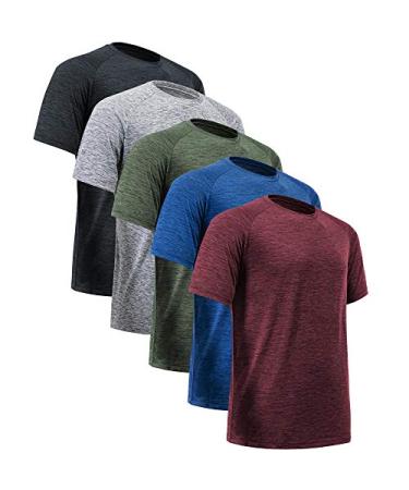 MCPORO Workout Shirts for Men Short Sleeve Quick Dry Athletic Gym Active T Shirt Moisture Wicking X-Large 5 Pack Black Dark Grey Dark Blue Wine Red Army Green