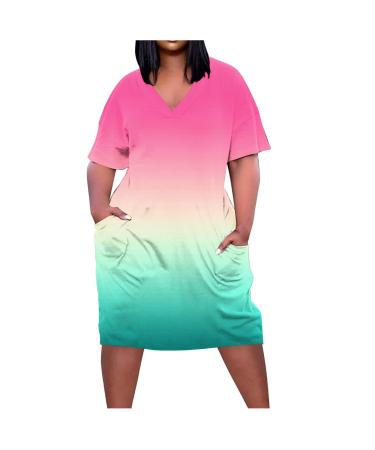 Iuhan Women's Casual Midi Dresses Gradient Western Style Loose Sundress Short Sleeve Crewneck Summer Oversized Shirt Dress 2# Pink Summer Dresses for Women 2023 XX-Large