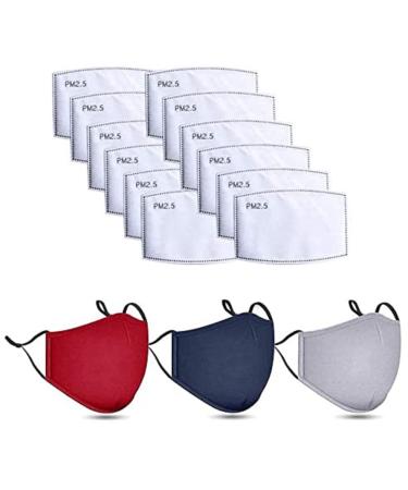 Three Washable 100% COTTON Face Masks Reusable with 10 Filters Ear Loop Covering Protection Mouth Cover Mask Colour: Grey Maroon & Blue (3 Mask + 10 Filters)