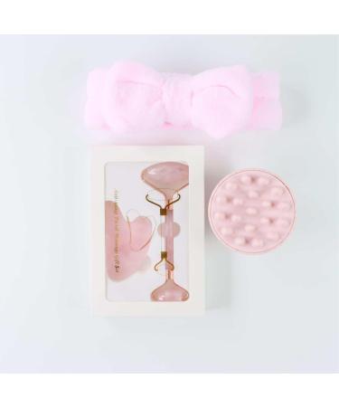 4-Pcs Jade Roller and Gua Sha Set Jade Roller for Face Gua Sha Jade Roller Gua Sha Stone Head Band and Head Brush Pink