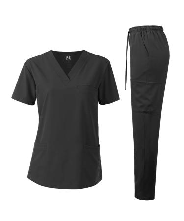 Dagacci Medical Uniform Unisex 4-Way Stretch Scrubs Set Medical Scrubs Top and Pants Large 4way Stretch - Black