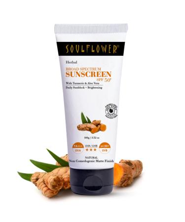 Soulflower Face Sunscreen Spf 50+ With Turmeric  Oil-free Moisturizer  Herbal Broad Spectrum Mineral Based  Light and Non-Sticky  100g